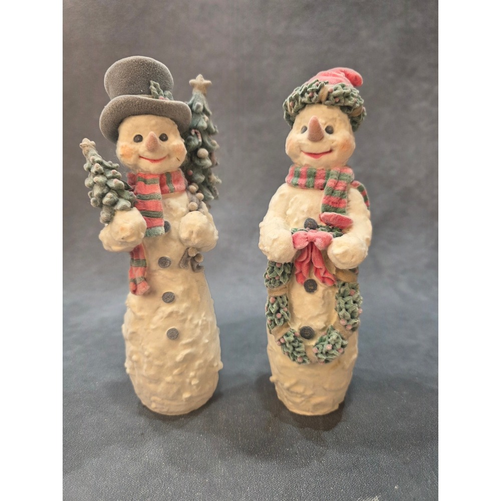 Vintage Style Flocked Snowman Figurines Set of 2 Christmas Decor 11"